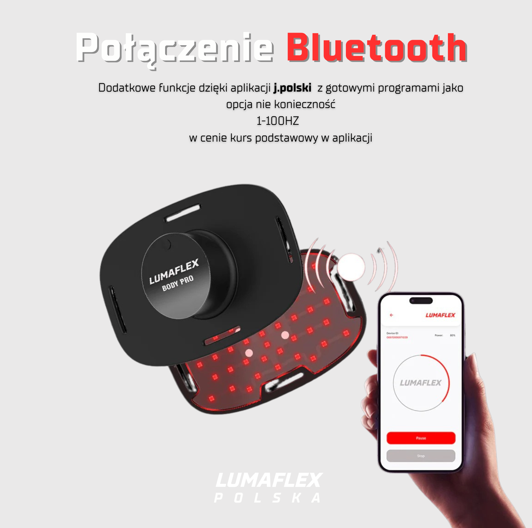 Aplikacja mobilna Lumaflex w języku polskim - sterowanie panelem Body Pro Plus do fotobiomodulacji