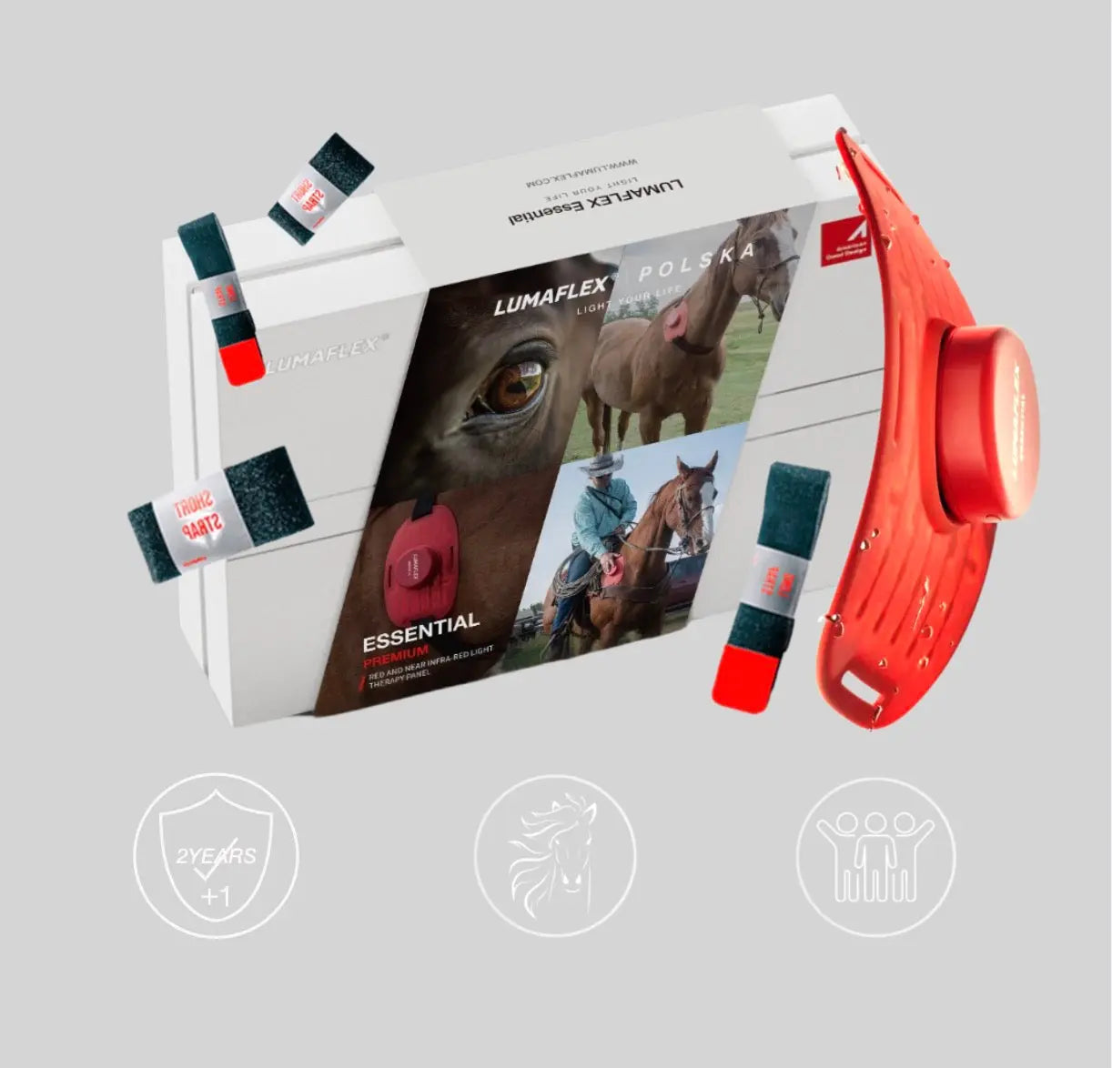 Zestaw Lumaflex Essential Polska do terapii czerwonym i bliskim podczerwonym światłem dla ludzi i koni na tle oryginalnego opakowania